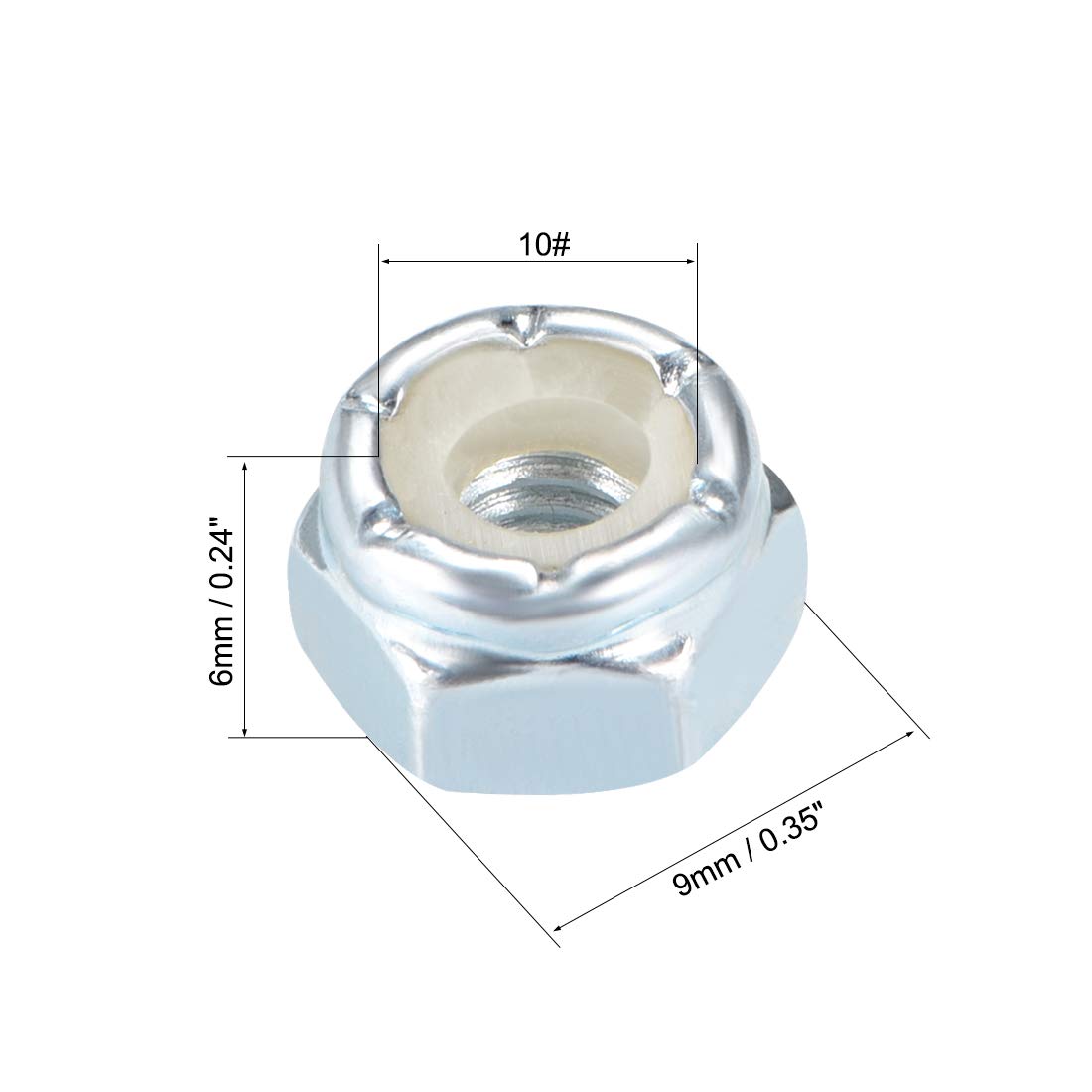 uxcell 10#-24 Nylon Insert Hex Lock Nuts, Carbon Steel White Zinc